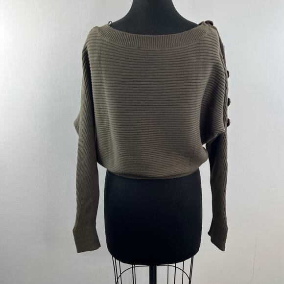 ZARA Olive Green Crop Sweater Ribbed Knit Wood Buttons Dolman Sleeve S Small - Picture 4 of 6